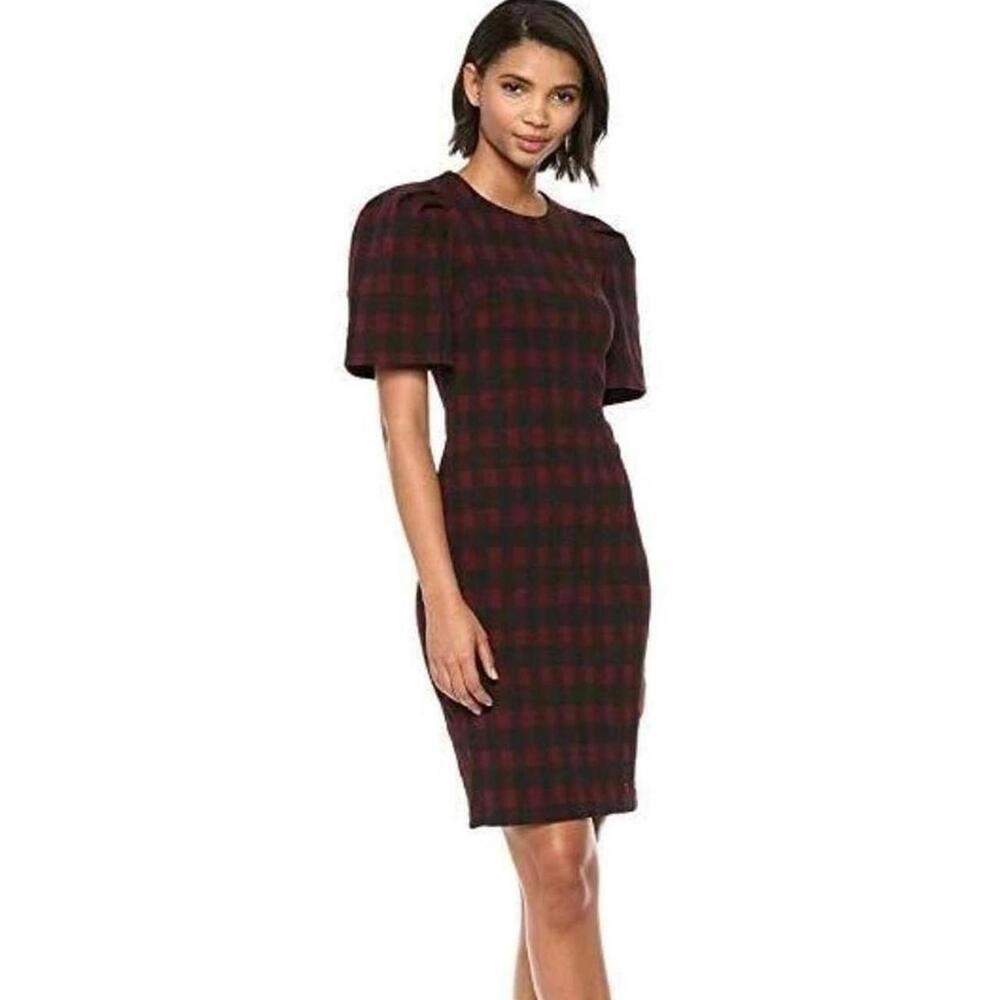 NWOT Calvin Klein Buffalo Check Puff Sleeve Sheath Dress Maroon And Black Size 4